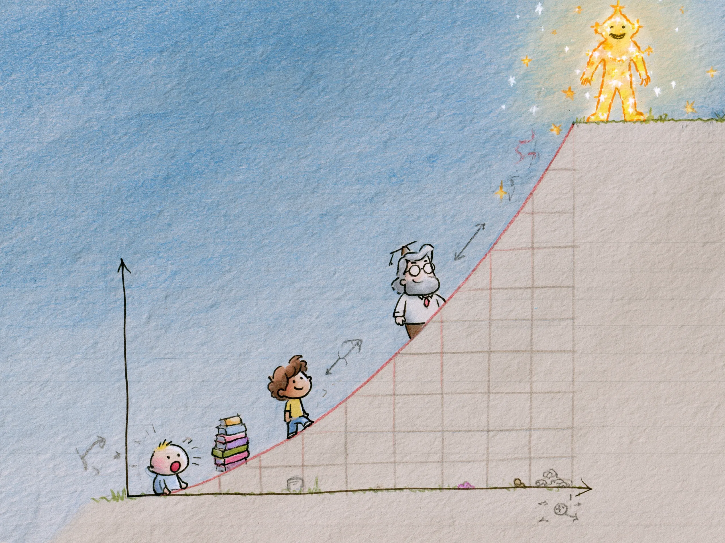 Whimsical hand-drawn graph on textured notebook paper showing an exponential curve from a baby, to a kid with books, to a professor, to a glowing god-like figure at the top