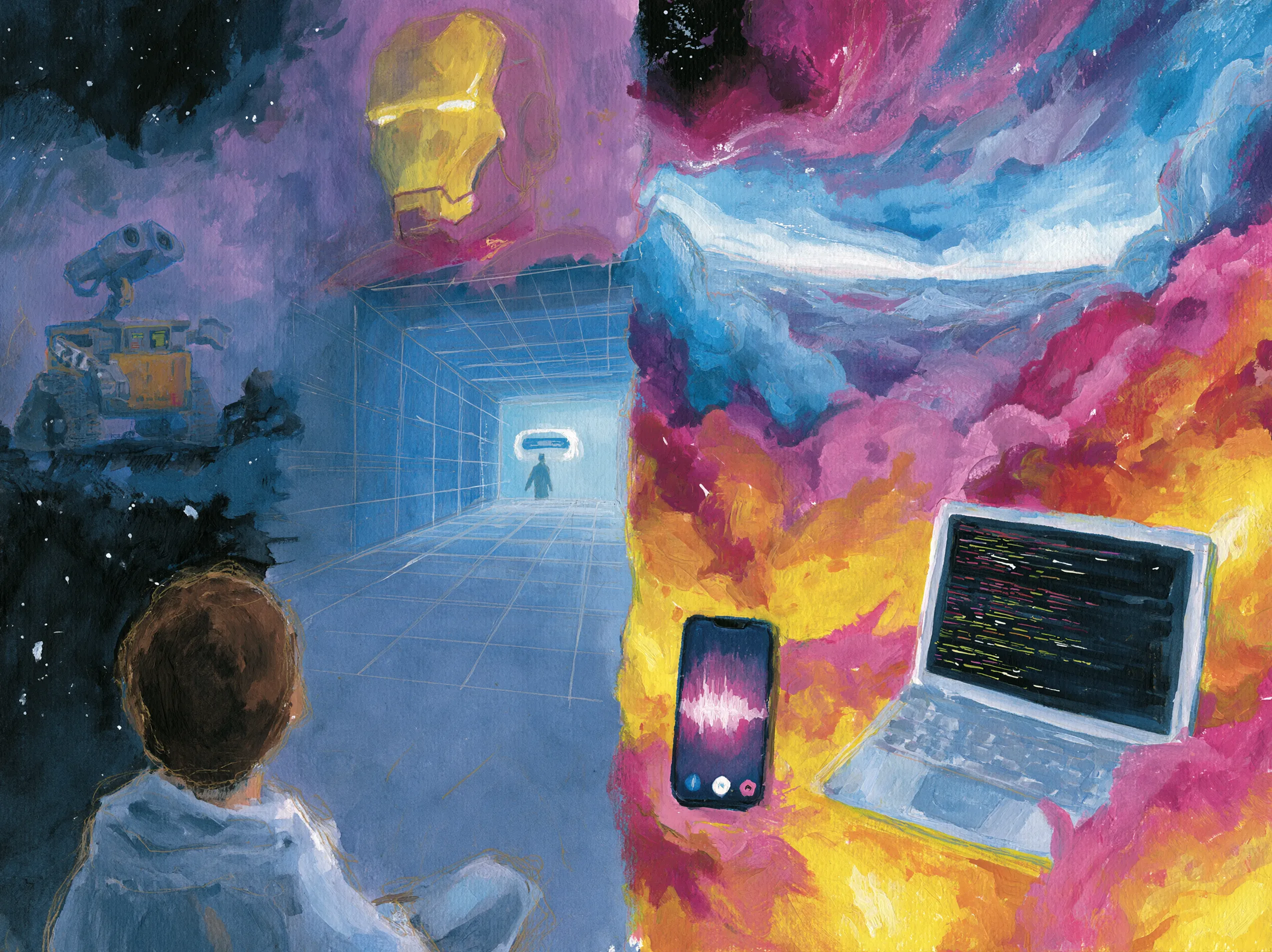 Split-panel illustration: a kid looking out at WALL-E, an Iron Man helmet, a holodeck portal, a phone with a voice waveform, and a laptop with code