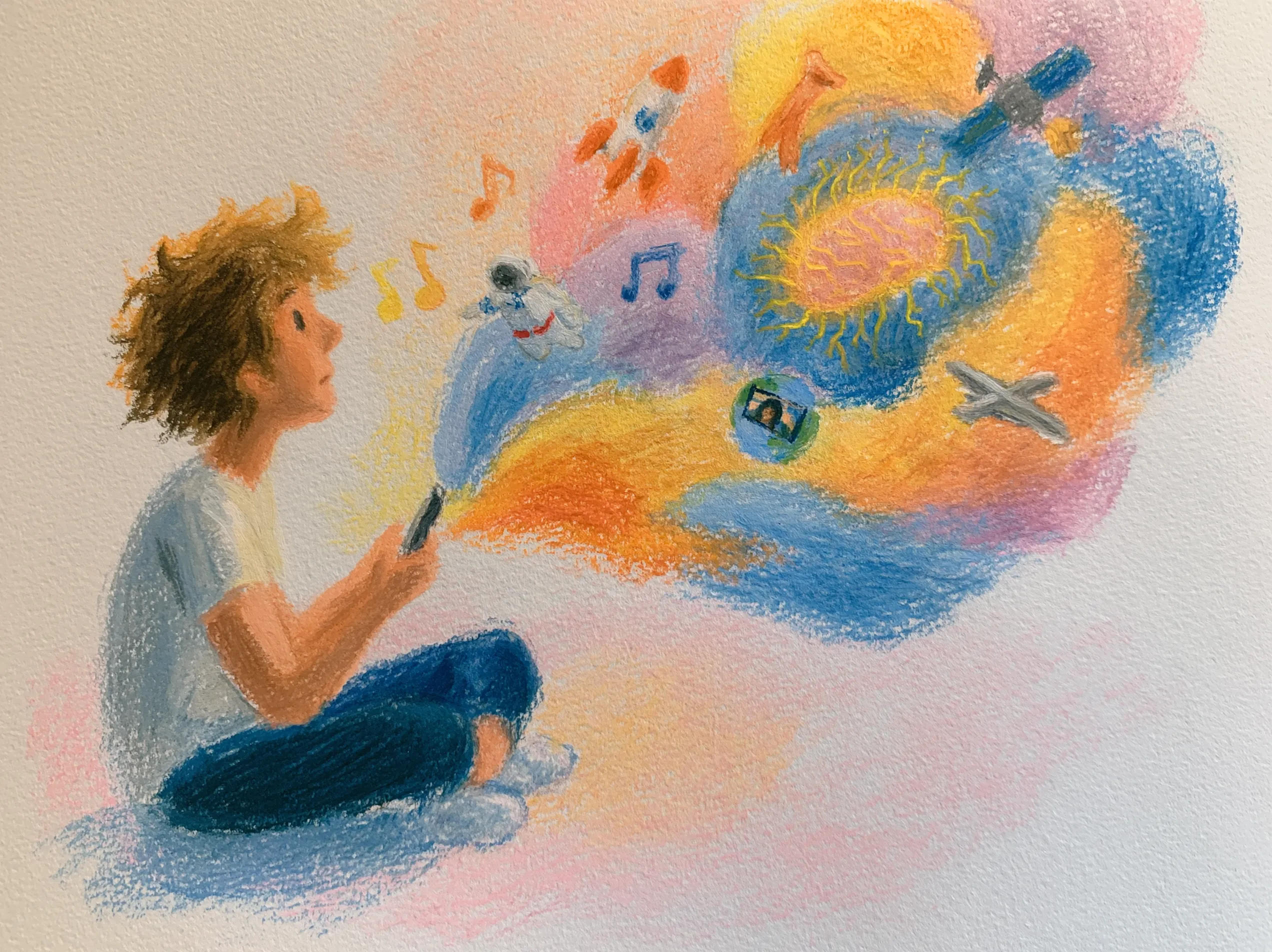 Hand-drawn sketch of a teenager sitting cross-legged with a phone, with imagination flowing out of it: rockets, planets, music notes, an astronaut, a video call, a plane