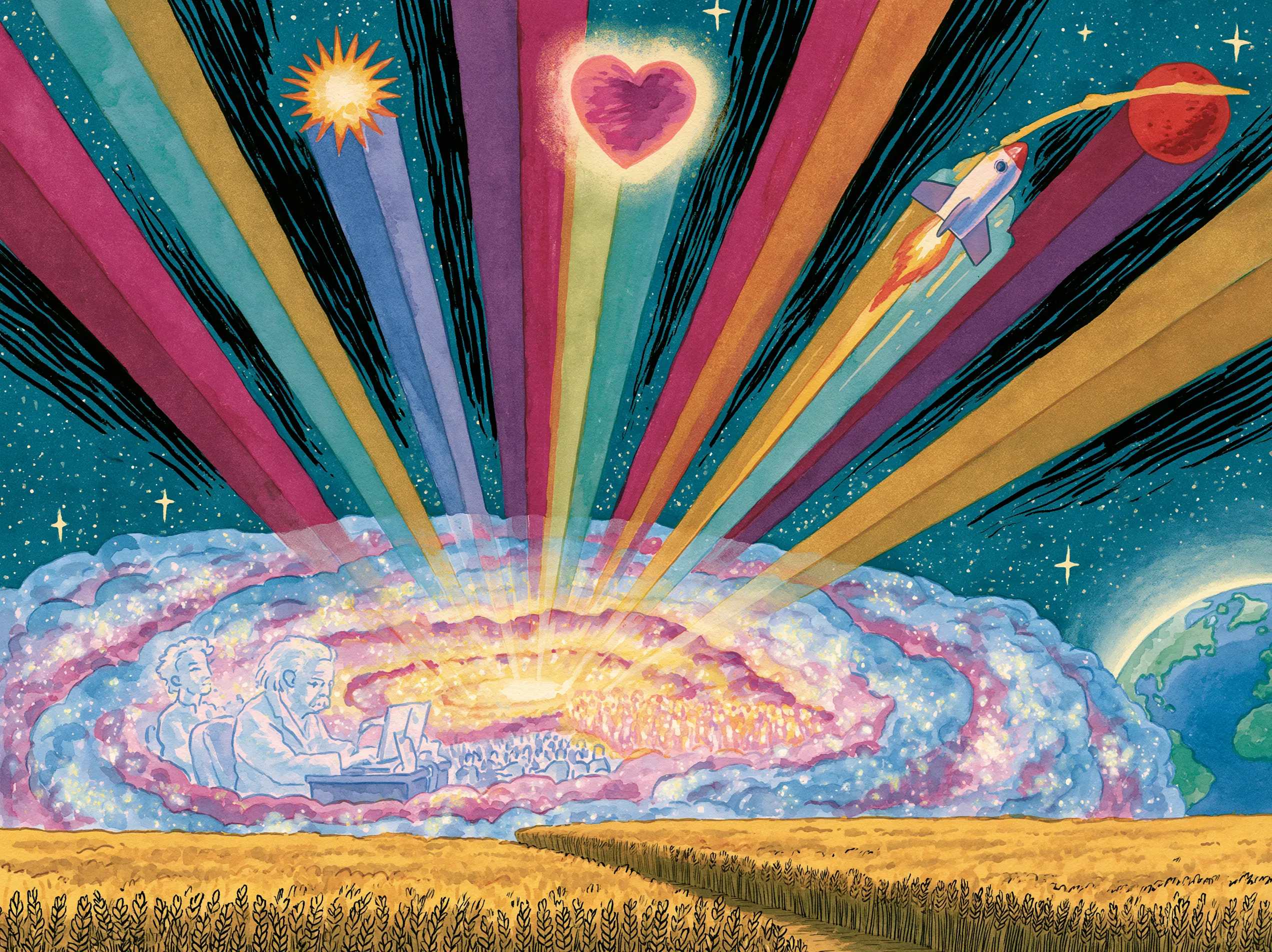 Vibrant illustration of a glowing datacenter under rainbow rays, with figures of Einstein and Hawking working at consoles, a rocket flying toward a planet, golden wheat fields below